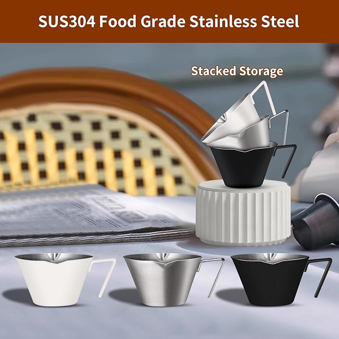 4 Pcs Stainless Steel Espresso Cups with Handle, Double Spout Metal Measuring Cup with Dual Scale, Espresso Shot Cup with V-Shaped Mouth, 3.4oz/100ml (Black)