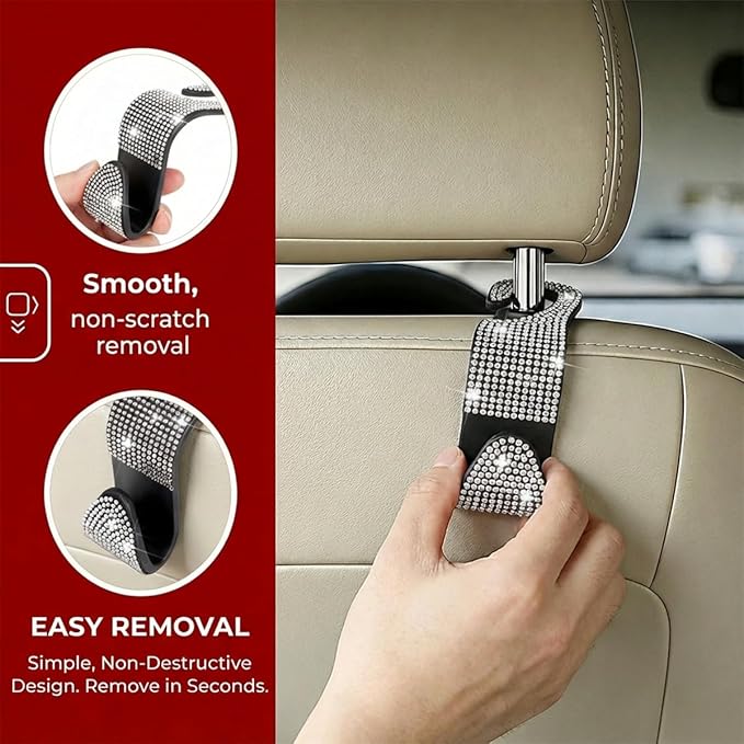 4PCS Bling Car Seat Headrest Hooks, Crystal Rhinestone Vehicle Back Seat Hanger Holder, Auto Interior Headrest Hanging Storage Organizer for Purse Handbag Coat, Universal Fit (Pink)