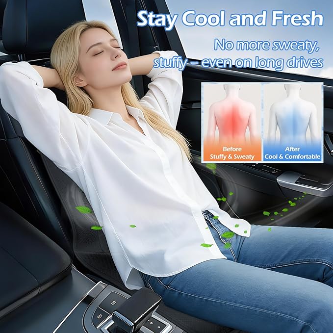 Cooling Car Seat Cushion, 12V-24V Ventilated Car Front Seat Pad with Powerful Fan, Breathable Mesh, 3-Speed Adjustable Airflow, Universal Fit for Cars, SUVs, Trucks, Vans