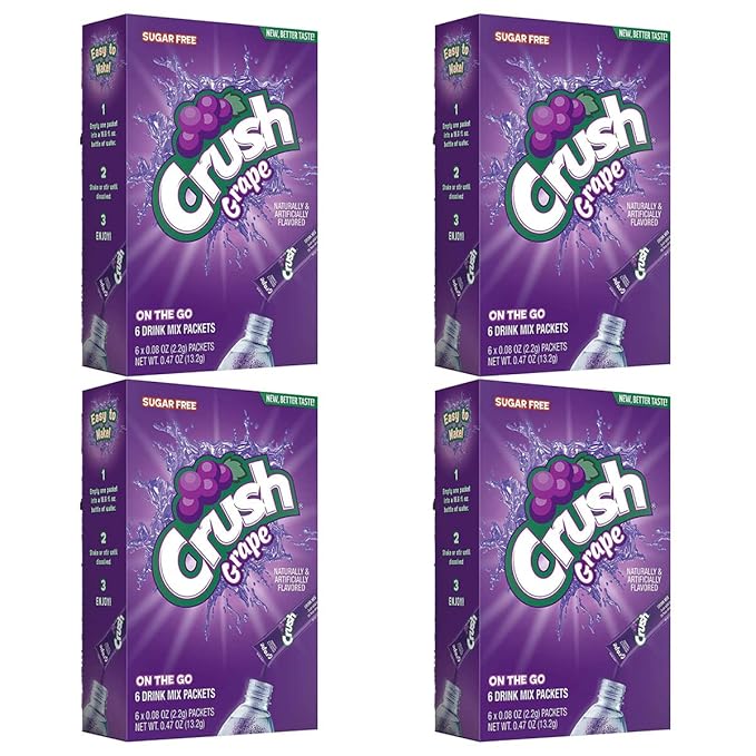 Crush Grape Sugar-Free Powdered Drink Mix 4 Count of 6 packets each for Total 24 Sticks bundle packaged by D'Elite Box