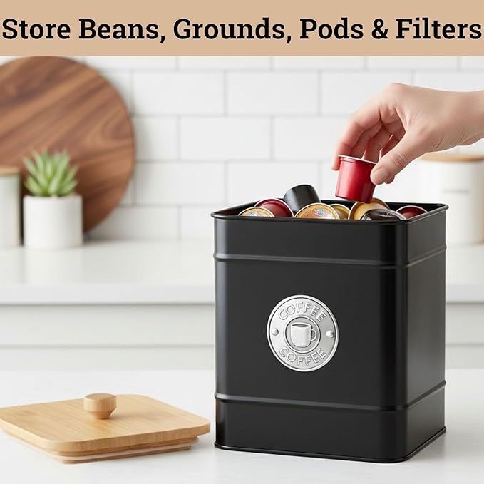 Airtight Coffee Canister - 40 oz Large Iron Black Coffee Container Airtight - 6 x 8 inch Metal Jar - Stylish Countertop Container for Grounds, Beans, Pods & More with Rubber-Lined Bamboo Lid