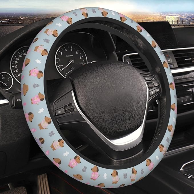 Cute -Dachshunds?Print Neoprene Steering Wheel Covers Women Men Car Accessories, Universal 15 Inch Fit Auto, Suvs, Truck