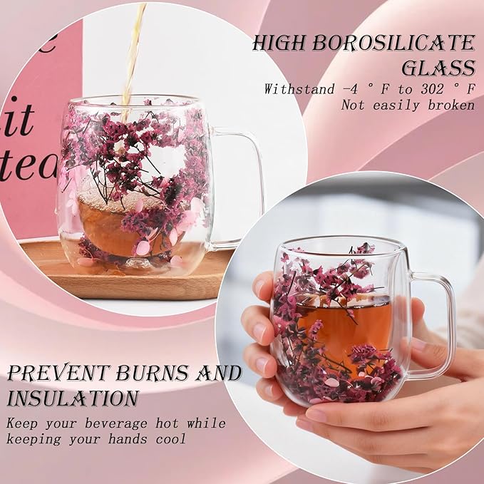 Real Flower Glass Tea Cup, Double Wall Borosilicate Coffee Mug with Preserved Flowers, Clear Aesthetic Floral Glassware, Romantic Gift for Women, Mom, Girlfriend, Mother’s Day & Women’s Day