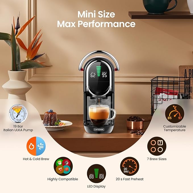 Magician1 Mini Espresso Machine for Nespresso Original, Dolce Gusto, Lavazza Blue, ESE Pods, 19-Bar Coffee Machine for Ground Coffee, Coffee Maker with adjustable Temp & Cup Size, 21oz Reservoir