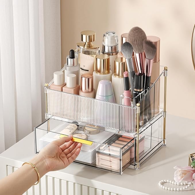 Modular Makeup Organizer, Clear Acrylic Cosmetic Storage Box with Drawer, Vanity Countertop Organizer for Makeup, Skincare and Beauty Accessories – Multiple Styles