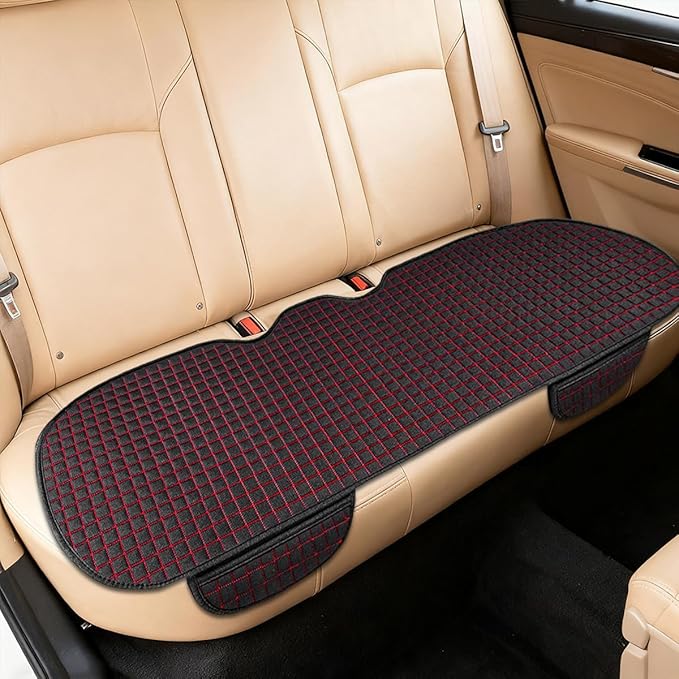 Car Back Seat Cover, Long Bottom Vehicle Rear Seat Protector with Storage Pockets, Breathable Linen Automotive Backseat Bench Cushion Pad Accessories, Universal for SUV Trucks (Black/Red)