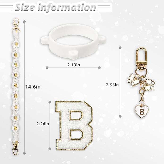 Compatible with Owala Water Bottle Accessories, Cute Letter Charm Set with Boho Handle Strap, Monogram Sticker, Silicone Ring, Keychain Decoration, for FreeSip 24 32 40oz, Owala Kids, Tumbler Gift