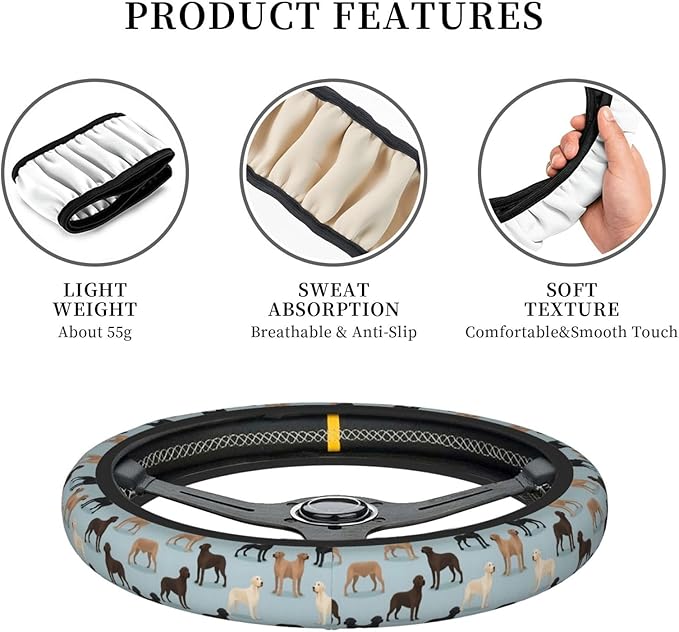 Labradors Yellow Chocolate Black Lab Pet Dogs Universal Fit Steering Wheel Cover for Car, Truck, and SUV, Durable Steering Wheel Protection