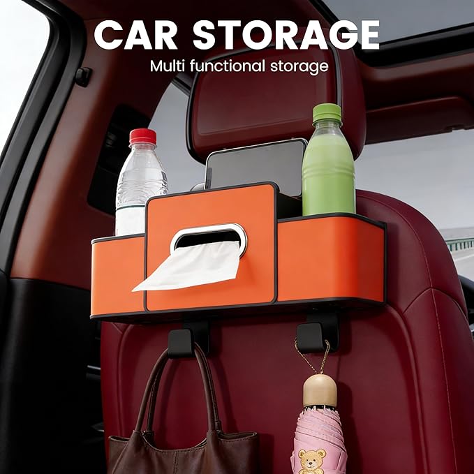 Car Seat Back Storage Box, 2026 New 3-in-1 Multifunctional Car Back Seat Organizer with Cup Holder, Tissue Box, Trash Bin & Hooks for Hold Phones, Snacks, Drinks, Handbags (Orange)