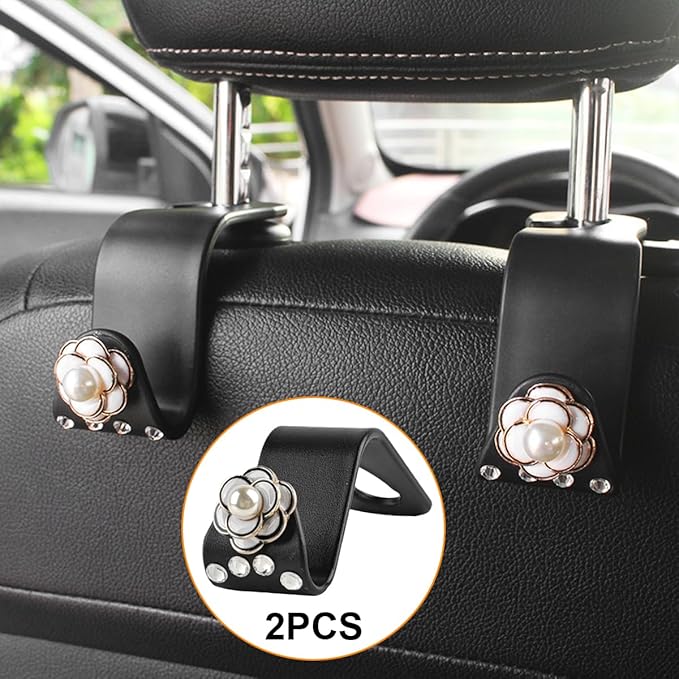 Bling Car Seat Headrest Hook, 2PCS Crystal Rhinestone Vehicle Purse Bags Holder, Diamond Automotive Interior Backseat Storage Hanger Accessories, Universal for SUV, Sedan, Truck (White)