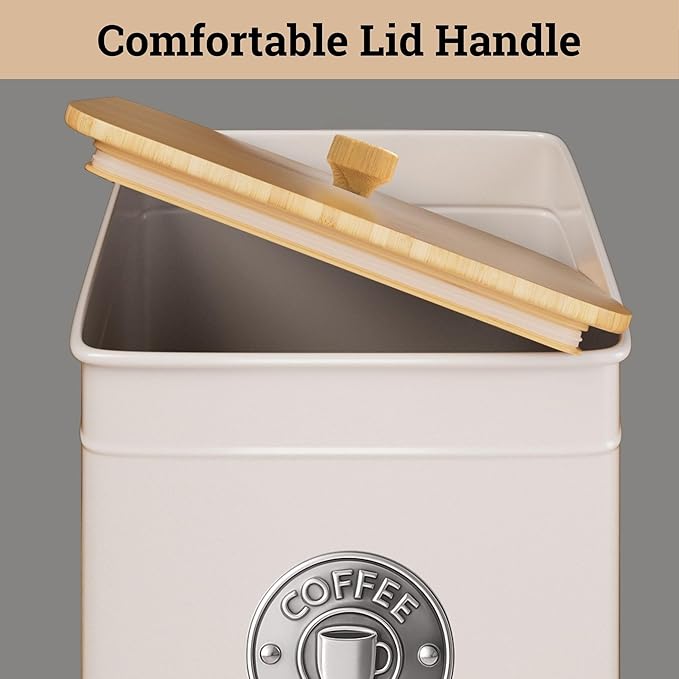 Airtight Coffee Canister - 40 oz Large Iron White Coffee Container Airtight - 6 x 8 inch Metal Jar - Stylish Countertop Container for Grounds, Beans, Pods & More with Rubber-Lined Bamboo Lid