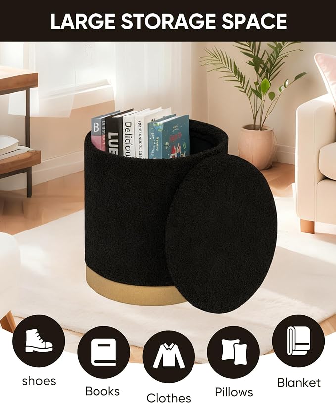 B FSOBEIIALEO Ottoman with Stroage, Round Boucle Storage Ottoman with Gold Plating Base,Foot Rest Stool for Dorm Room, Living Room Black, 16.73"x16.73"x17.72"