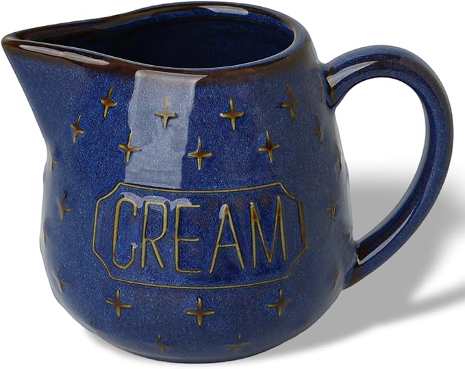 Creamer Pitcher,10 OZ Ceramic Creamer Pitcher with Handle for Milk, Sauces, Salad, Coffee, Farmhouse Kitchen Decor, Microwave & Freezer Safe (Vintage Blue)