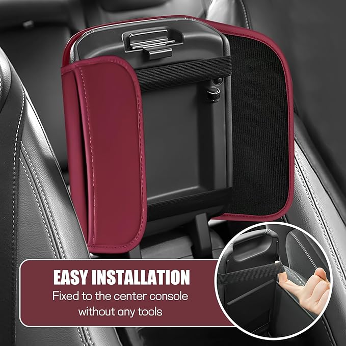 wuyaoyao Car Center Console Cover, Leather Memory Foam Armrest Cover Cushion with 2 Storage Bags, Universal Car Armrest Seat Box Pad Car Interior Accessories Protector for Most Vehicle (Wine Red)