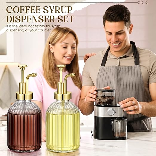 LemonRoad 4 Pcs Coffee Syrup Dispenser for Coffee Bar 10oz Glass Syrup Pump Dispenser with Gold Pump, Gold Scoop and Funnel for Bar Accessories