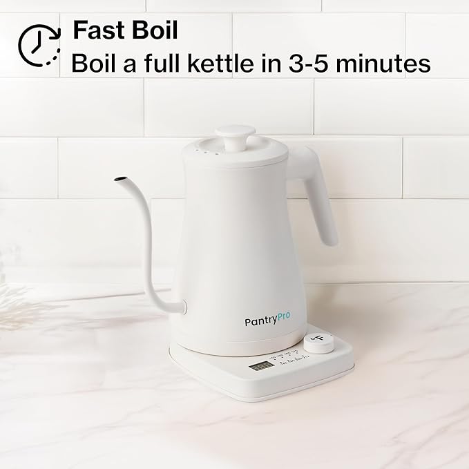 PantryPro Gooseneck Electric Kettle with Temperature Control, 34oz/1.0L Rapid Boil, Stainless Steel Interior, Auto Shut-Off, 1500W, Boil-Dry Protection, LED Indicator - White
