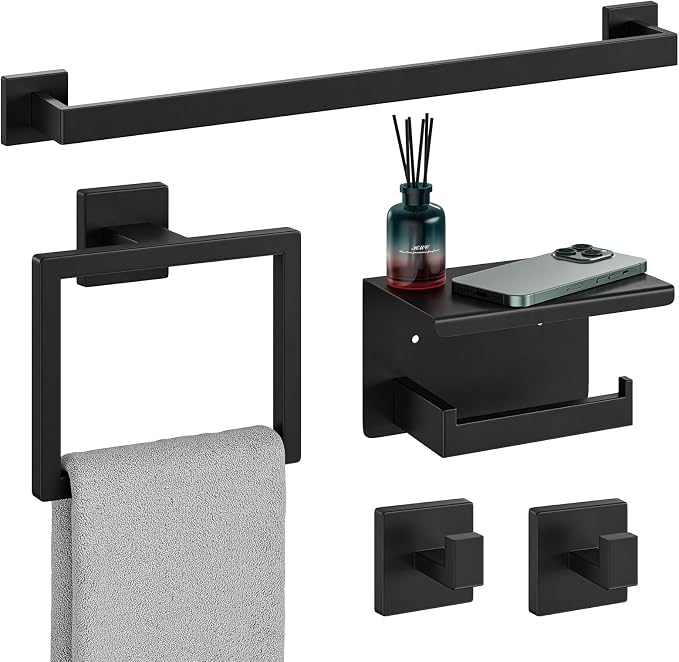 5-Pieces Matte Black Bathroom Hardware Set, 24 Inch Bathroom Towel Bar Set, SUS304 Stainless Steel Bathroom Hardware Accessories Set, Towel Racks for Bathroom Wall Mounted