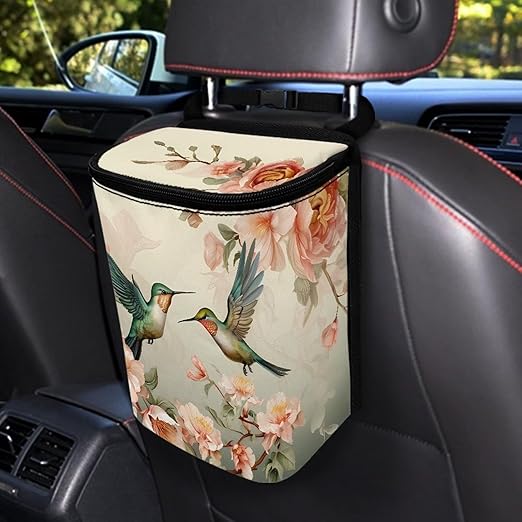 Retro Hummingbird Car Trash Bag Bin Hanging Leak Proof Reusable Automotive Garbage Can with Lid,Durable Car Accessories Auto Organizer and Storage