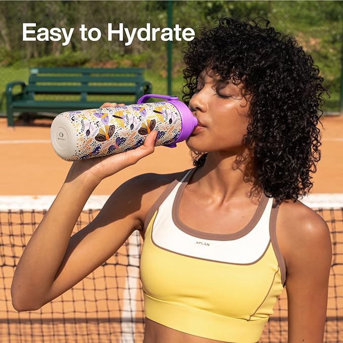 ENCOOL Insulated Water Bottle with Straw Stainless Steel Water Bottle, Leak-Proof, BPA-Free, Double Wall Vacuum Keeps Cold for 24 Hours for Sports, Travel, School (26 oz, Lavender Butterfly)