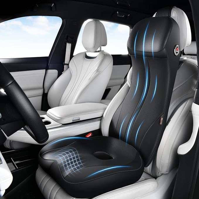 Coverado Car Seat Cushion and Lumbar Support Headrest Pillow One Piece, Ergonomic Memory Foam Car Neck Pillow & Back Support, Soft Leather Breathable Driving Seat Cushion Sciatica Pain Relief, Black