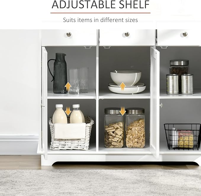 HOMCOM Sideboard Buffet Cabinet with Solid Wood Countertop, Modern Kitchen Storage Cabinet, Coffee Bar Cabinet with 3 Drawers, Doors and Adjustable Shelf, White