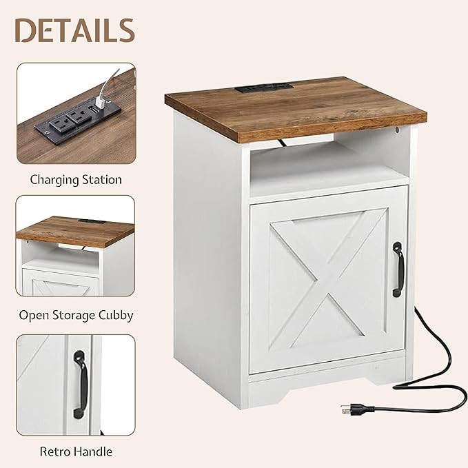 3-Piece Farmhouse Living Room Table Sets, Includes 1 x Coffee Table, 2 x End Tables with Charging Station & USB Ports, Rustic Coffee Table Set of 3, Distressed White