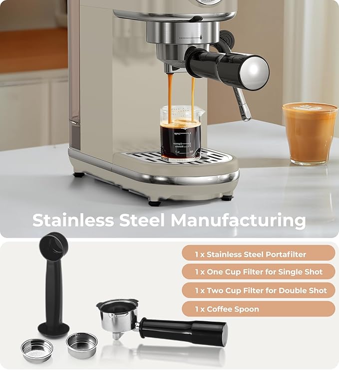 20 Bar Espresso Machine with Milk Frother, Compact Espresso Maker, Stainless Steel Coffee Machine with Precise Temp Control & 44oz Removable Water Tank for Latte, Cappuccino, Light Grey