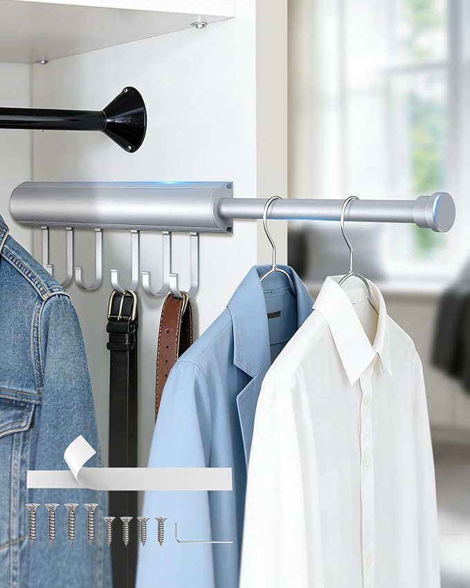 12 inch Valet Rod for Closets Pull Out, Closet Rods Extenders for Hanging Clothes Telescoping Adjustable With 6 Hooks (Silver, 12 Inch-1 Pack)