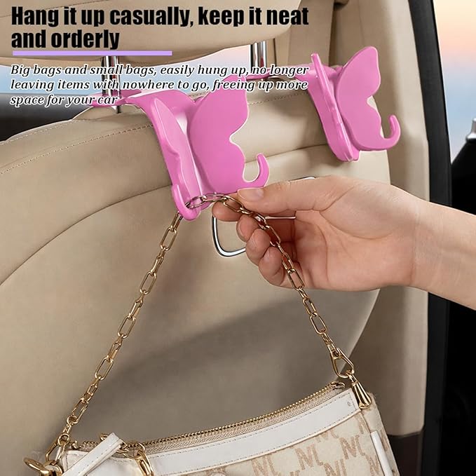 2PCS Car Seat Headrest Hook, Cute Butterfly Backseat Storage Hanger Organizer for Purse Handbag Umbrella, Auto Interior Seat Back Hook Holder Decor, Universal for SUV Truck Van (Rose Red)