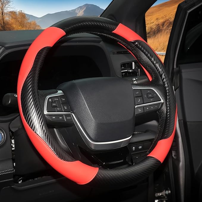 ZHOL Carbon Fiber Leather Car Steering Wheel Cover, Non-Slip, Safe, Breathable, Durable, Full Coverage, Sporty Style (Black and Red)