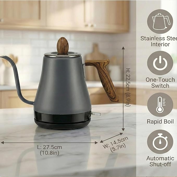 Electric Gooseneck Kettle, Pour Over Kettle for Coffee & Tea, Hot Water Boiler, 100% Stainless Steel Inner Lid & Bottom (K01)