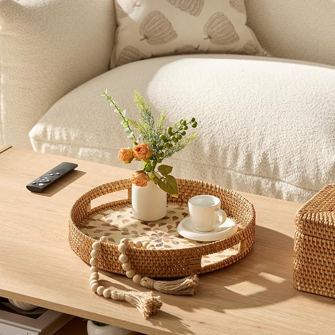 YANGQIHOME Round Rattan Tray with Handle, Mother of Pearl Inlay Decorative Wicker Basket for Coffee, Bread, Fruits, Serving Tray for Home Decor, Pink Clover