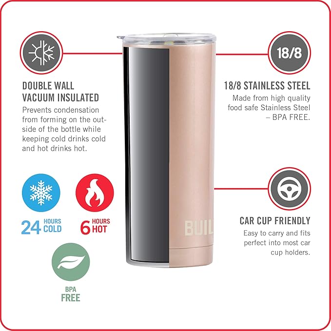 BUILT 20 Ounce Double Wall Vacuum Sealed Stainless Steel Coffee and Water Tumbler Easy to Clean Tritan Lid with Rotating Splash Guard, Pink (5286294)