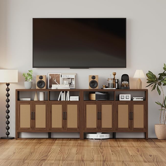Mericonia Rattan Buffet Cabinet with Storage, Sideboard with Doors, Console Table, Farmhouse Coffee Bar, Modern Wood Storage Cabinets TV Stand(Walnut 2.0)
