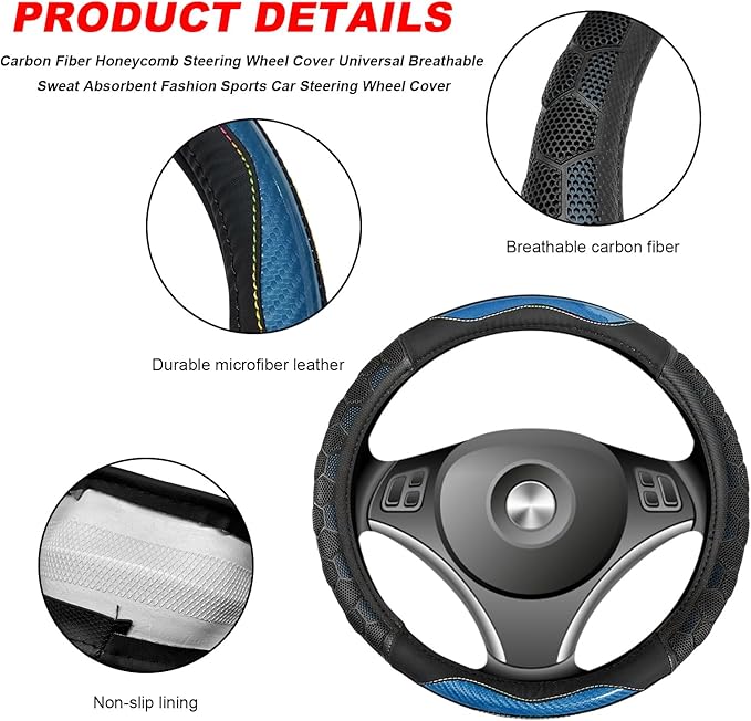 Carbon Fiber Steering Wheel Cover, Non-Slip Leather Steering Wheel Protector with 3D Honeycomb Design, Comfy Grip Breathable Sporty Auto Wheel Wrap for Most Cars Trucks SUVs (Sky Blue)