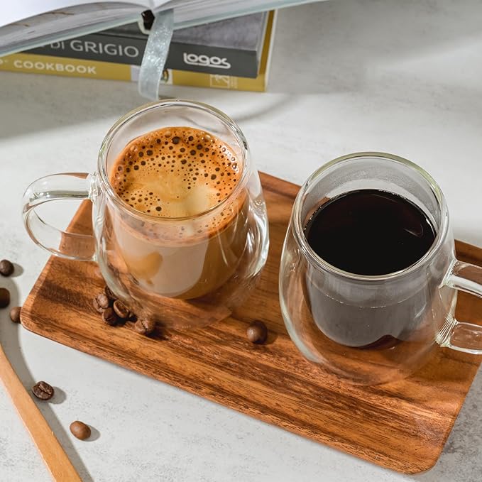 Espresso Cups, 7.4oz/210ml Double Walled Glass Coffee Mugs Set of 4, Clear Hand Blown Insulated Glass Coffee Cups with Handle for Espresso, Cappuccino, Latte, Americano, Coffee Lovers Gift