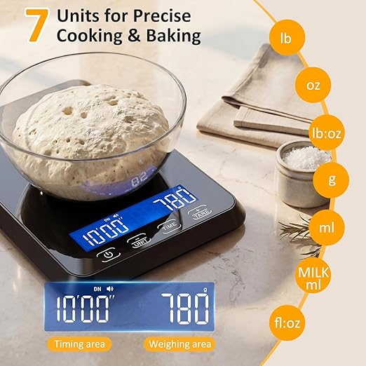 Food Scale, 33 lb / 0.1 oz High Precision Kitchen Scale for Sourdough Bread, Built-in 7 Units, Timing & Tare Function, Rechargeable Digital Kitchen Scale for Food, Baking, Cooking