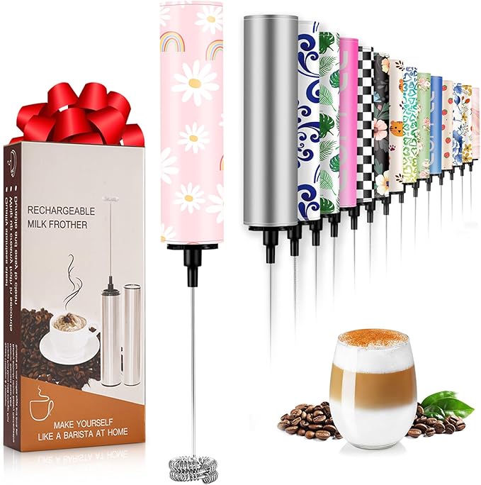 Milk Frother Handheld Rechargeable - 2-Speed Electric Whisk with 5 Detachable Heads (Frother/Mixer/Whisk) for Coffee, Latte, Cappuccino & Matcha, Drink Mixer （Flower 1)