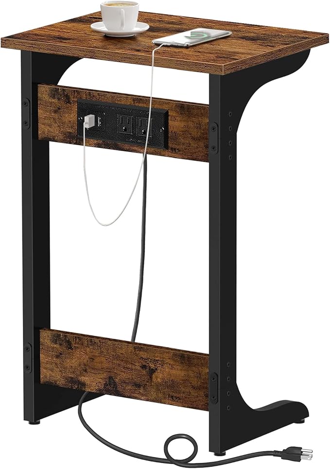 TUTOTAK C Shaped End Table with Charging Station, Side Table, Couch Table for Small Spaces, Tv Tray Table with 2 USB Ports and Outlets, Living Room, Bedroom V1TB01BB044