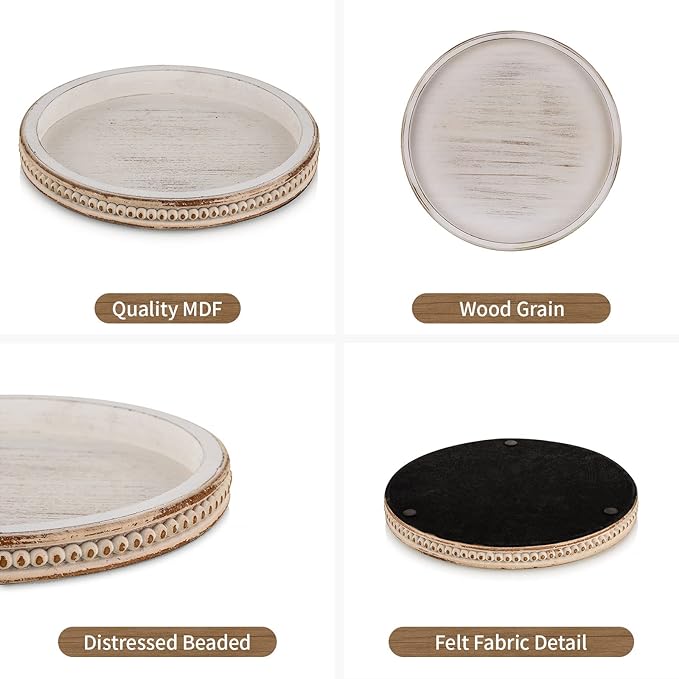 Hanobe Round Wooden Decorative Tray: White Washed Bead Tray Decor for Coffee Table Centerpiece Rustic Farmhouse Tray for Kitchen Counter Living Room Easter Decoration