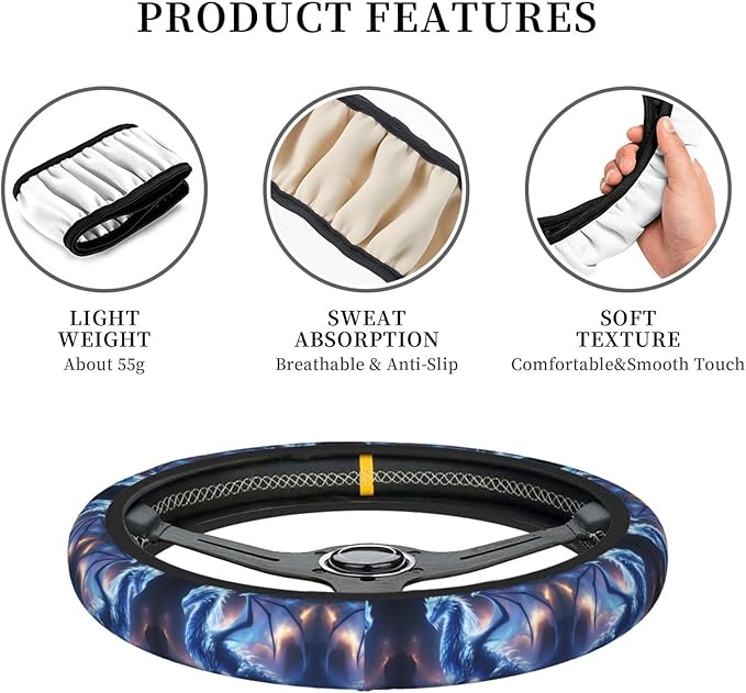Cool Dragon Blue Car Steering Wheel Cover, 15 Inch Steering Wheel Cover Stylish Decor for Most Cars