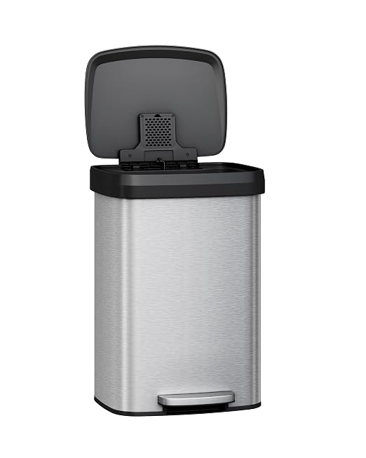 Garvee 13 gal / 50 L Stainless Steel Trash Can with Lid, Large Garbage Can for Kitchen, Rustproof Step-on Kitchen Metal Trash Bin with Liner Rim, Rear Handle, Soft Close Plastic Lid, Silver