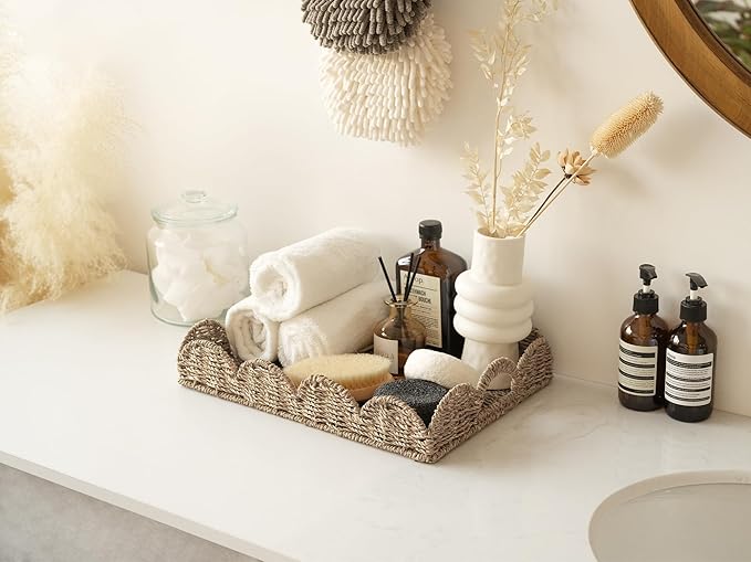 StorageWorks Rectangle Wicker Scalloped Tray, Rattan Serving Trays with Handles, Seagrass Basket for Decorative & Organizing, 15.75" L x 11.5" W x 2.75" H