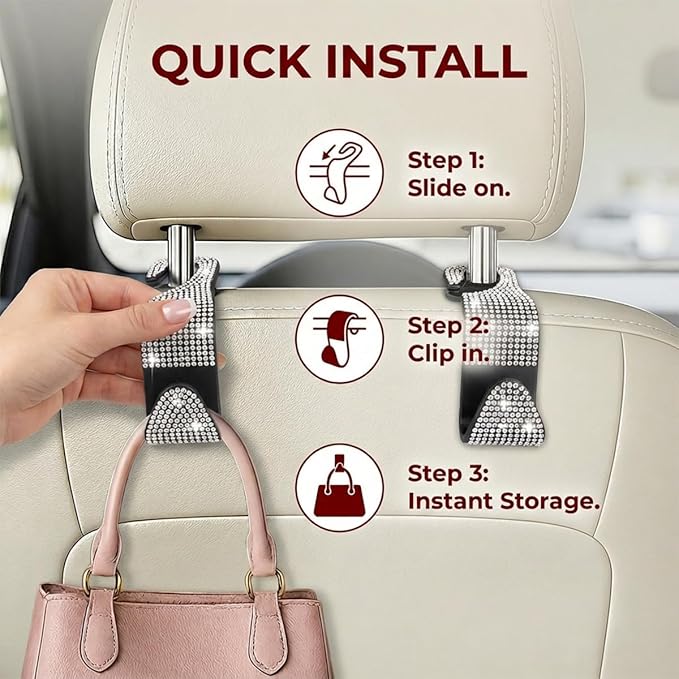 4PCS Bling Car Seat Headrest Hooks, Crystal Rhinestone Vehicle Back Seat Hanger Holder, Auto Interior Headrest Hanging Storage Organizer for Purse Handbag Coat, Universal Fit (White)