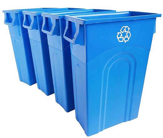 United Solutions Highboy Recycling Bin, 23 Gallon, Space Saving Slim Profile and Simple Bag Removal, Indoor or Outdoor Use, Integrated Handles for Easy Carrying, 4-Pack, Plastic, Recycle Blue