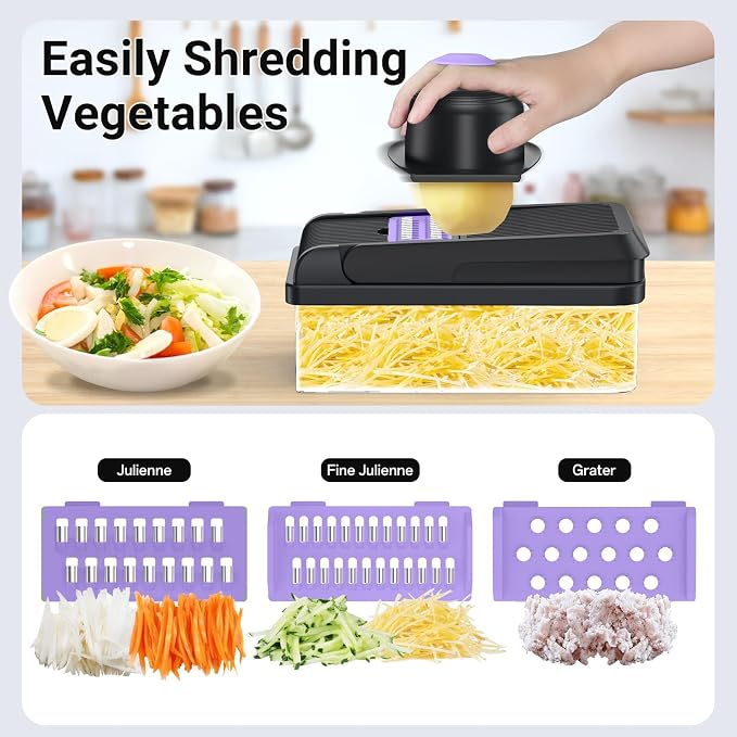 SpaceHacks 12-in-1 Vegetable Chopper, Kitchen Gadgets with 7 Blades, Veggie, Food, Onion Chopper, Cucumber Slicer, Versatile Mandoline, Includes Egg Separator & Finger Guard, Purple