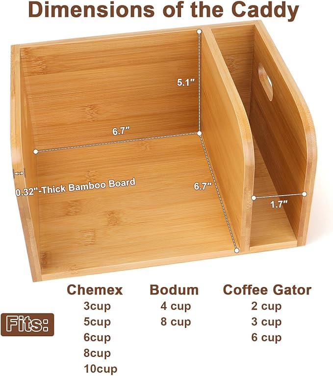 Bamboo Caddy with Lid & Heatproof Trivets Mat for Chemex CoffeeMakers - Designed for Chemex Pour - Over Glass Coffeemaker(3/5/6/8/10Cup), for Bodum Pour Over Coffee makers - Bamboo cup not included