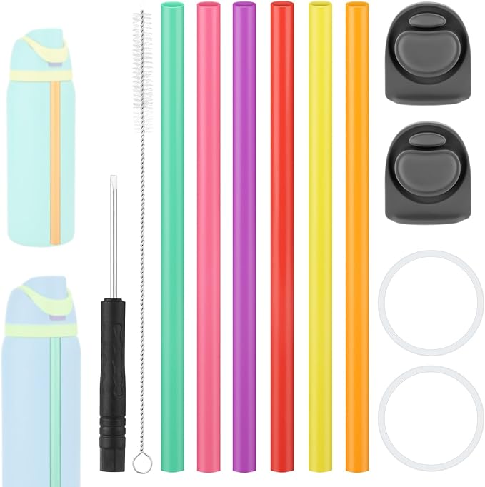 BOXOB Replacement Parts Kit for Owala FreeSip Water Bottle 24oz 32oz, Including 2 Replacement Stopper 2 Sealing Ring 6 Straw 1 Screwdriver & 1 Straw Brush