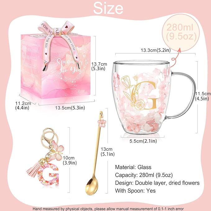 Personalized Gift for Women Flower Glass Coffee Mug Initial Tea cup Monogrammed Customized Bridesmaid Bride Wedding Gifts Graduation Gifts Valentine Mother's Day Birthday Christmas Gift (G)