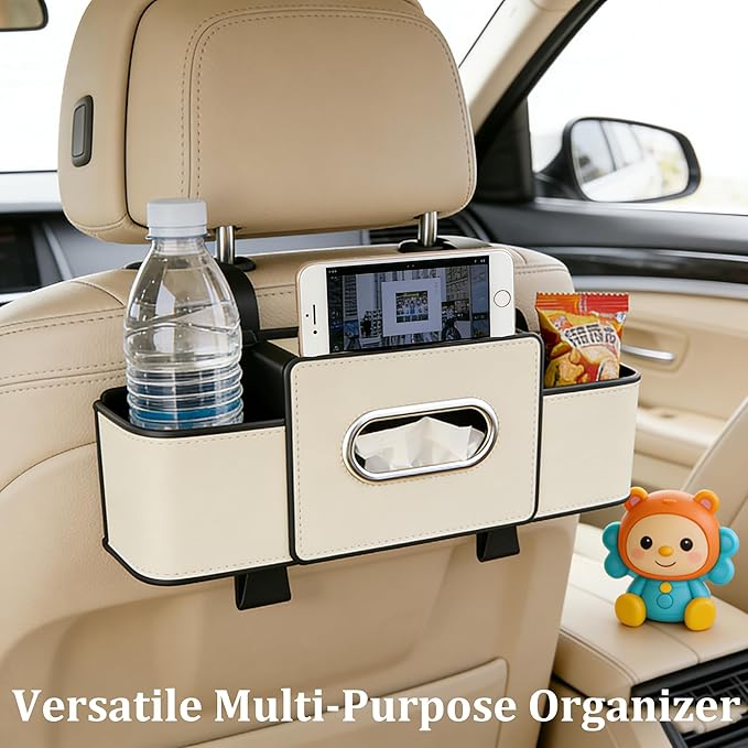 Car Organizers and Storage Box, Multifunctional Car Seat Back Storage Box with Tissue and Hook for Hold Phone Water Cup Handbag, Fits Most Vehicles (Black,1PCS)